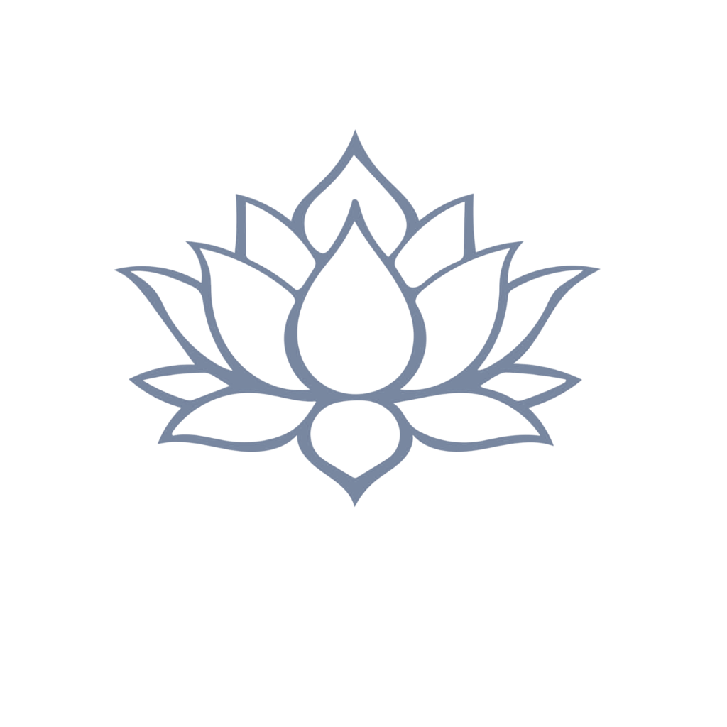 A minimalist line drawing of a lotus flower with symmetrical petals on a white background.