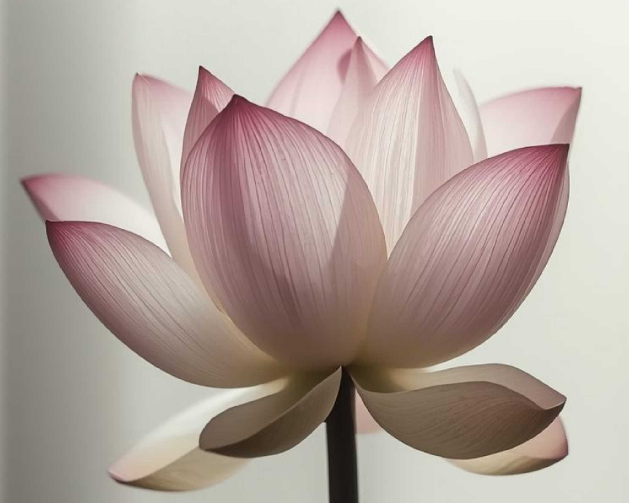 Close-up of a pink and white flower with petals that have fine lines and a gradient transition from white to pink, set against a neutral background.