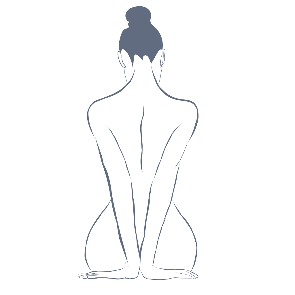 Line drawing of a woman with her back facing forward, sitting with her knees bent and arms crossed over her chest, hair in a bun.