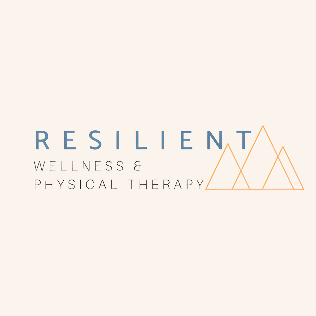 Logo for Resilient Wellness & Physical Therapy featuring the word 'RESILIENT' in large blue letters, with 'WELLNESS & PHYSICAL THERAPY' in smaller black letters below, and an abstract orange mountain range graphic on the right side.