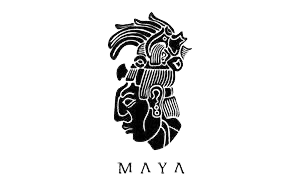 Line drawing of a Mayan ruler or deity profile with the word 'MAYA' underneath.