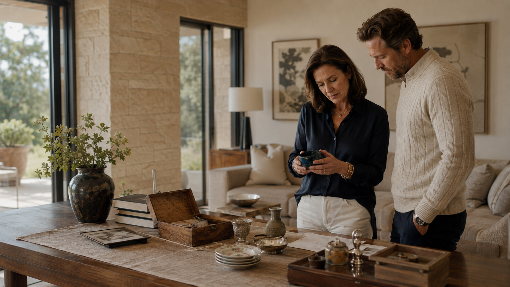 Adult family members reviewing heirlooms, photographs, and personal property before items are moved or sold