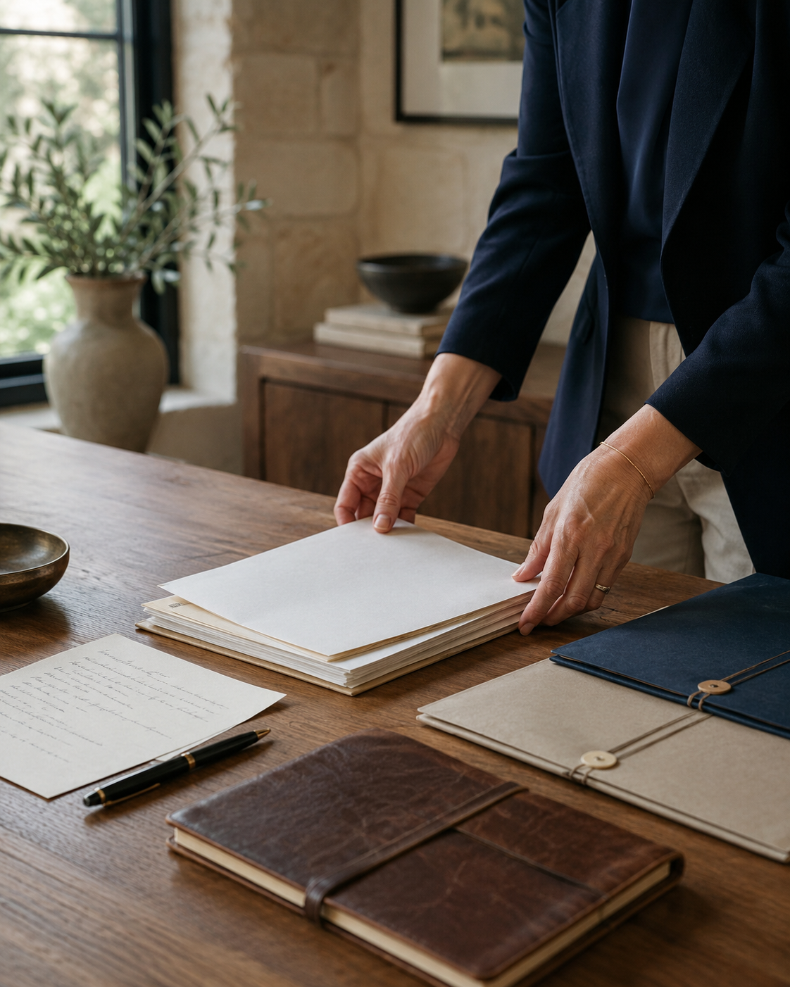 Family transition coordinator organizing estate documents and a decision plan in an Austin home office