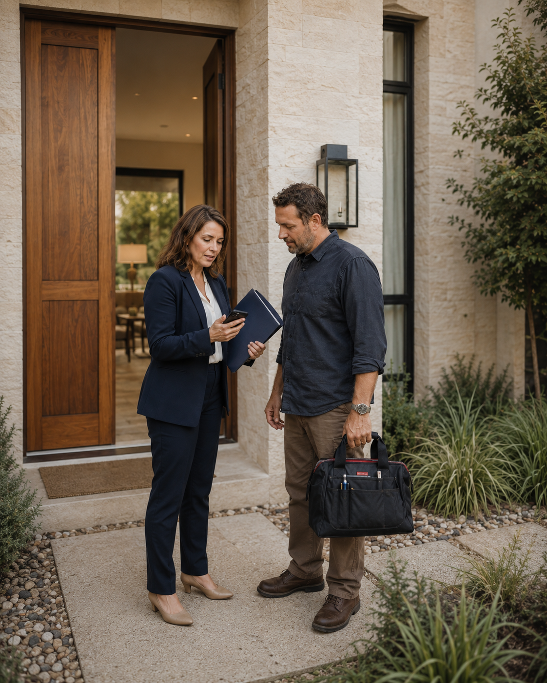 Family transition coordinator reviewing authorized home access with a local service provider at an Austin residence