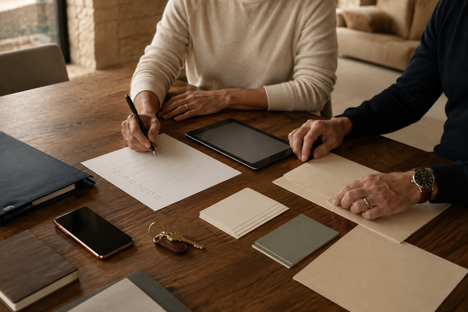 Adult family members organizing a practical checklist, documents, keys, and next steps at a walnut table