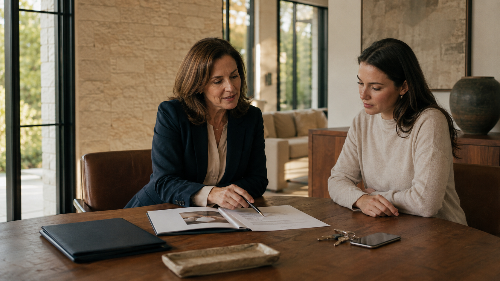 Family transition coordinator and adult daughter reviewing a clear plan, documents, phone, and house keys in an Austin home