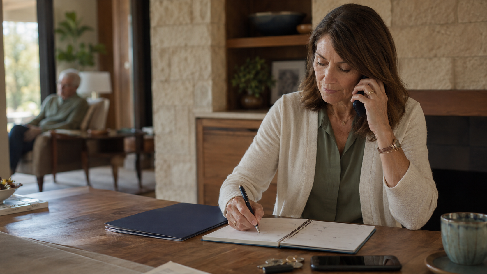 Adult daughter coordinating hospice notes, medical choices, and family questions in a quiet Austin home