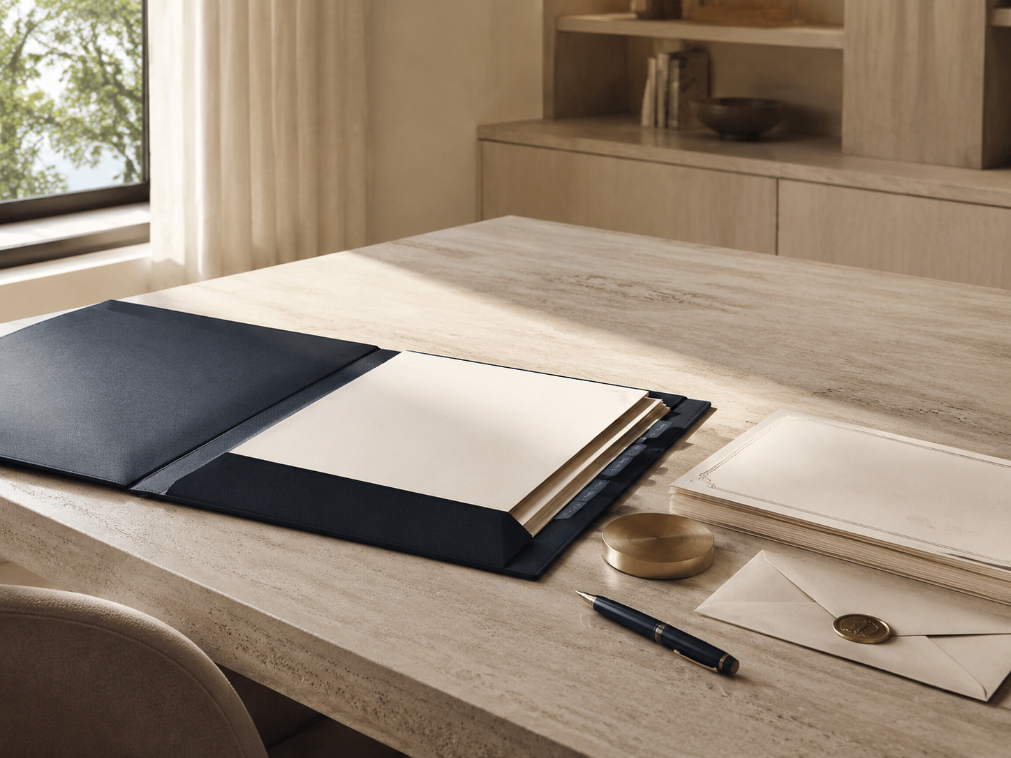 Secure family records, certificates, and authority documents organized in a navy folio on a home desk