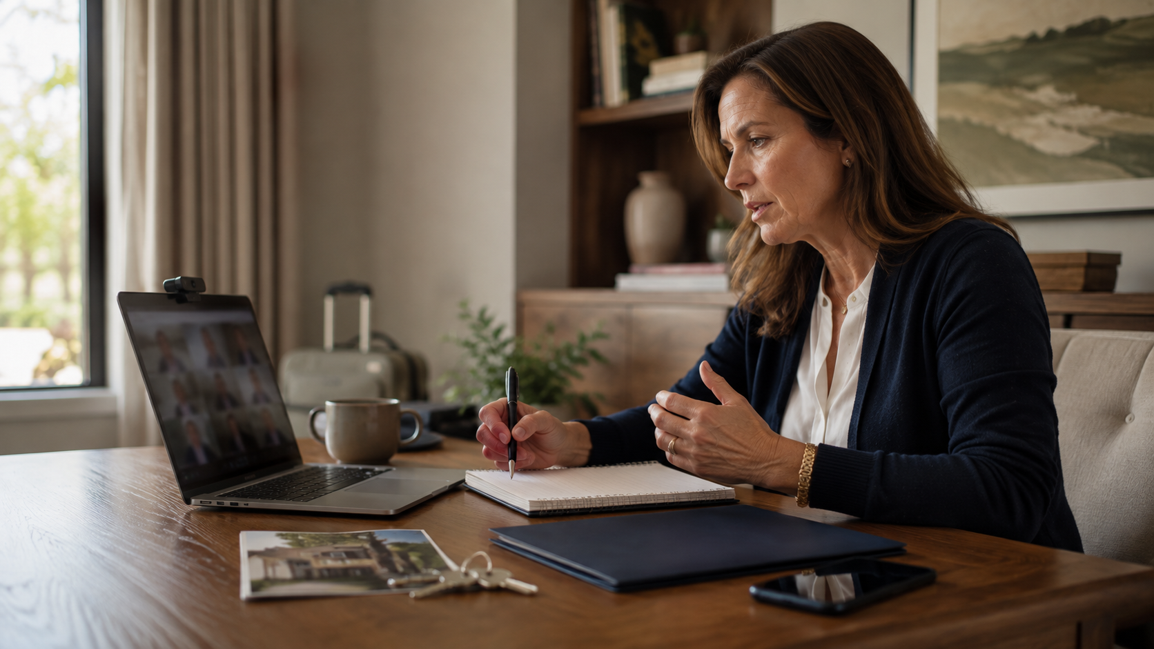 Woman coordinating a household move remotely by video call with property documents, keys, and travel luggage