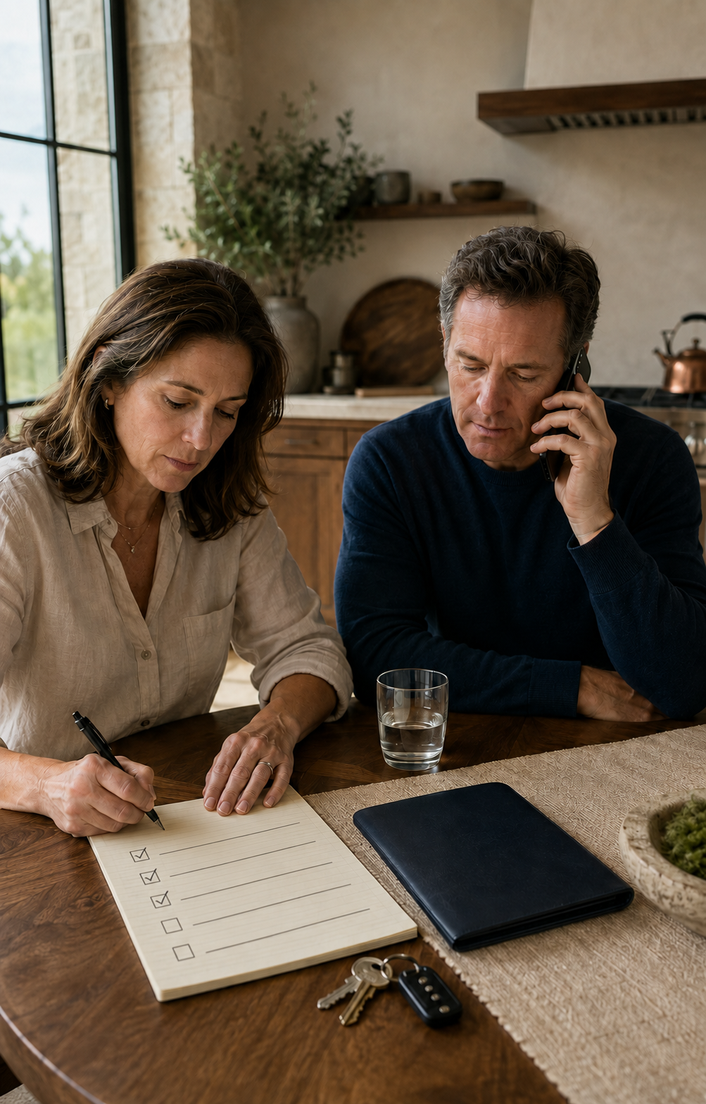 Two adult siblings using a short priority checklist and phone call to organize the first steps after a family transition