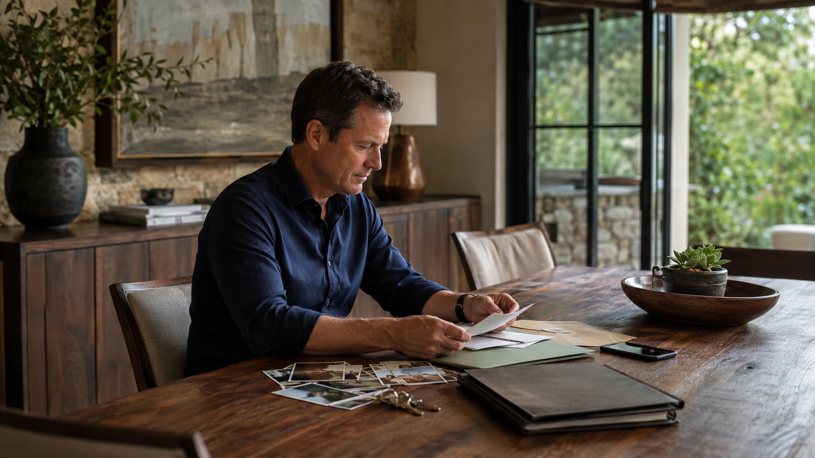 Middle-aged man organizing family photographs, house keys, and transition documents at a walnut table in an Austin home