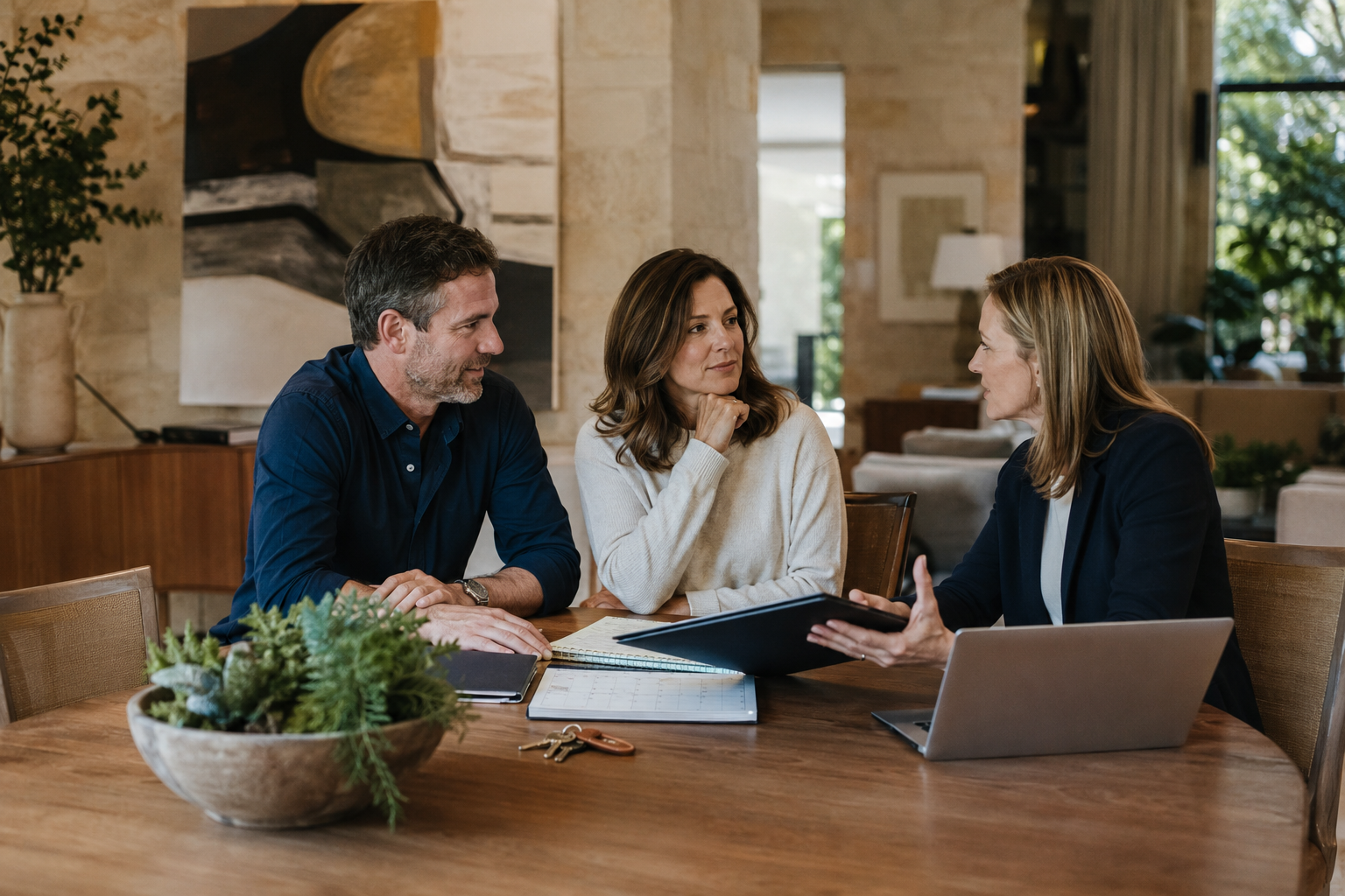 Two adult siblings and a family transition coordinator reviewing next steps together in an Austin home