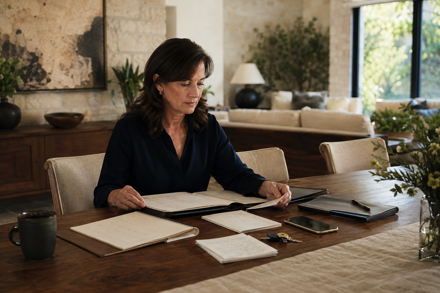 Family transition coordinator reviewing documents, a calendar, and home access details in an Austin residence