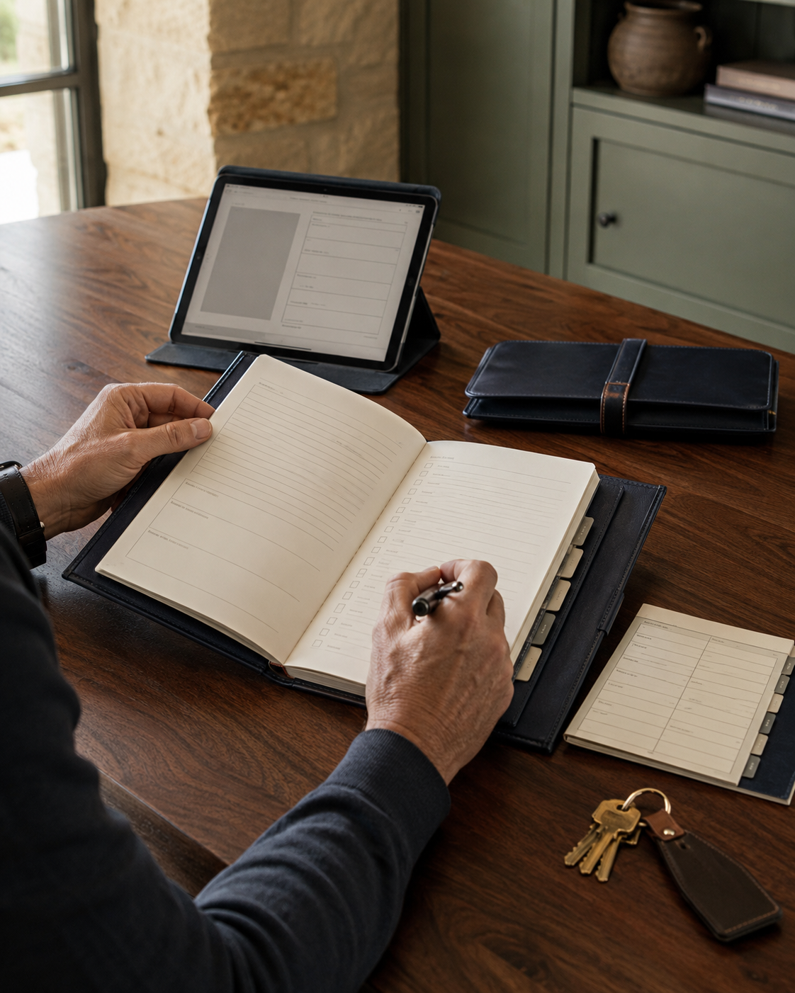 Family transition planning workbook, tablet, document inventory, and house keys organized on a walnut table