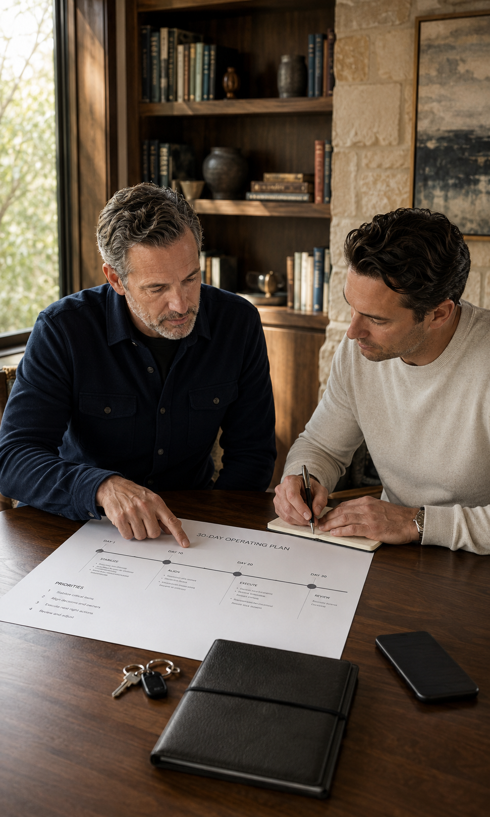 Family transition coordinator and client building a clear 30-day operating plan during a private working session