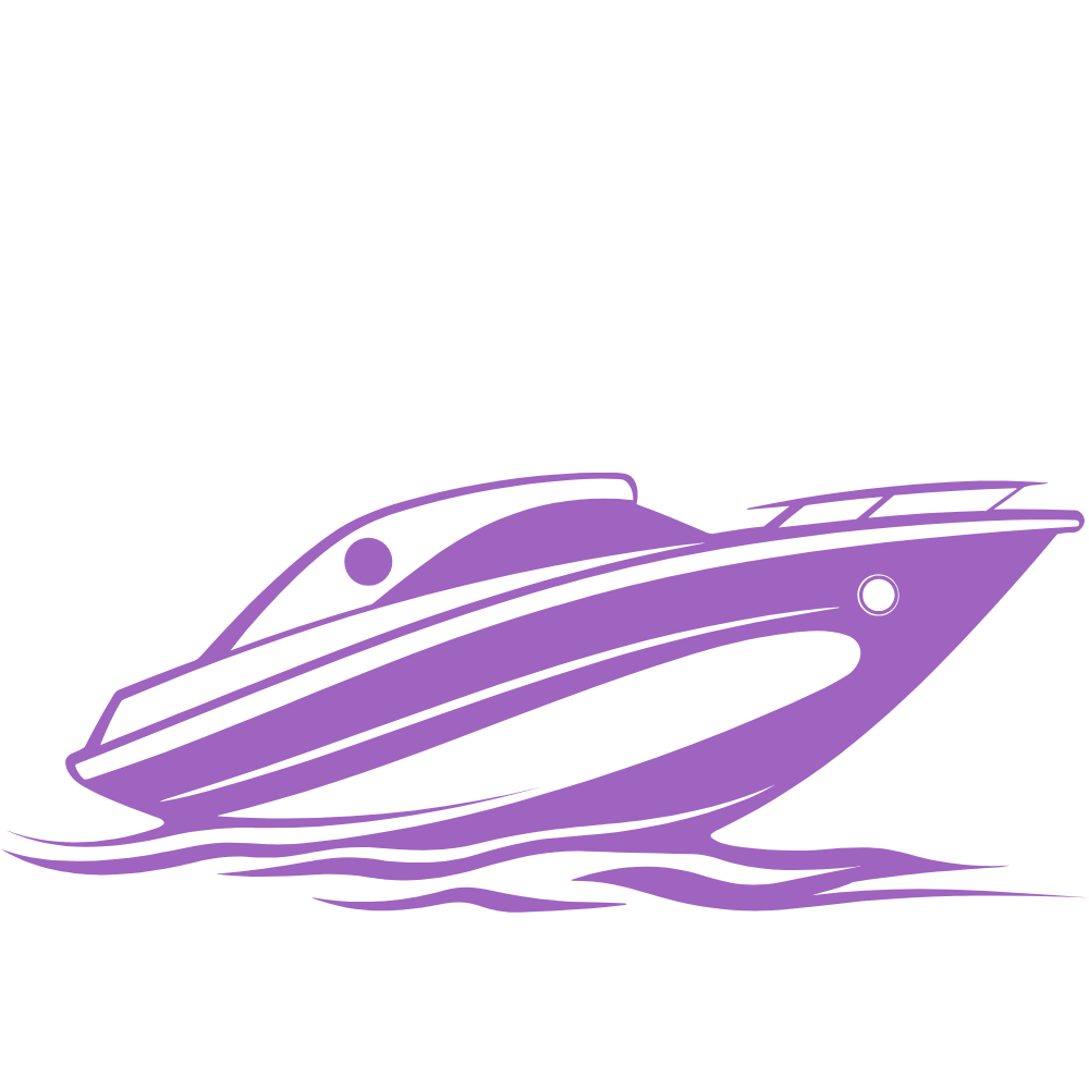 A stylized, purple outline of a yacht moving on water.