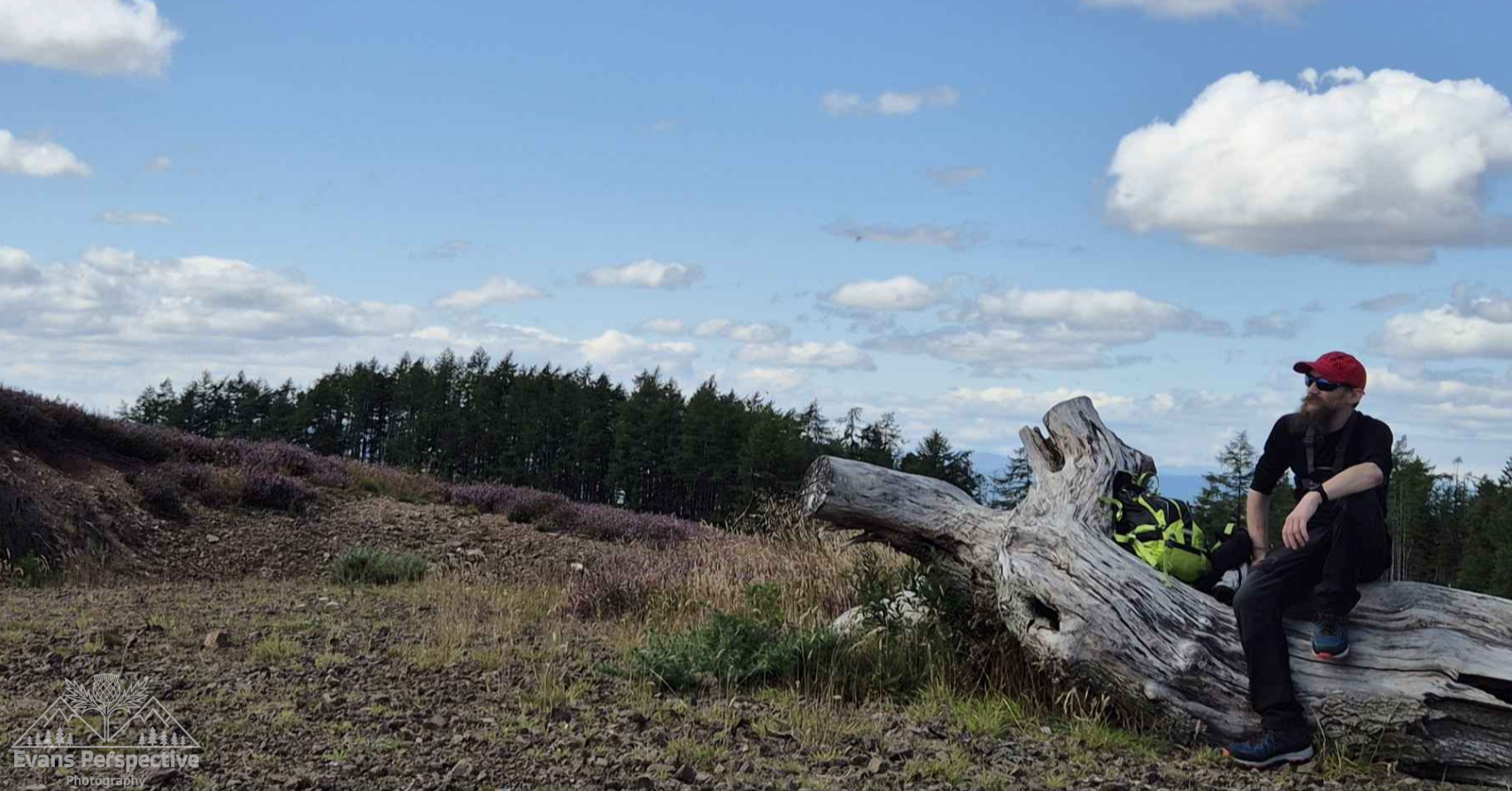 A man with a beard wearing a red cap, black sunglasses, and black clothing sitting on a fallen tree trunk in a scenic outdoor landscape with trees, purple heather, and a partly cloudy sky.