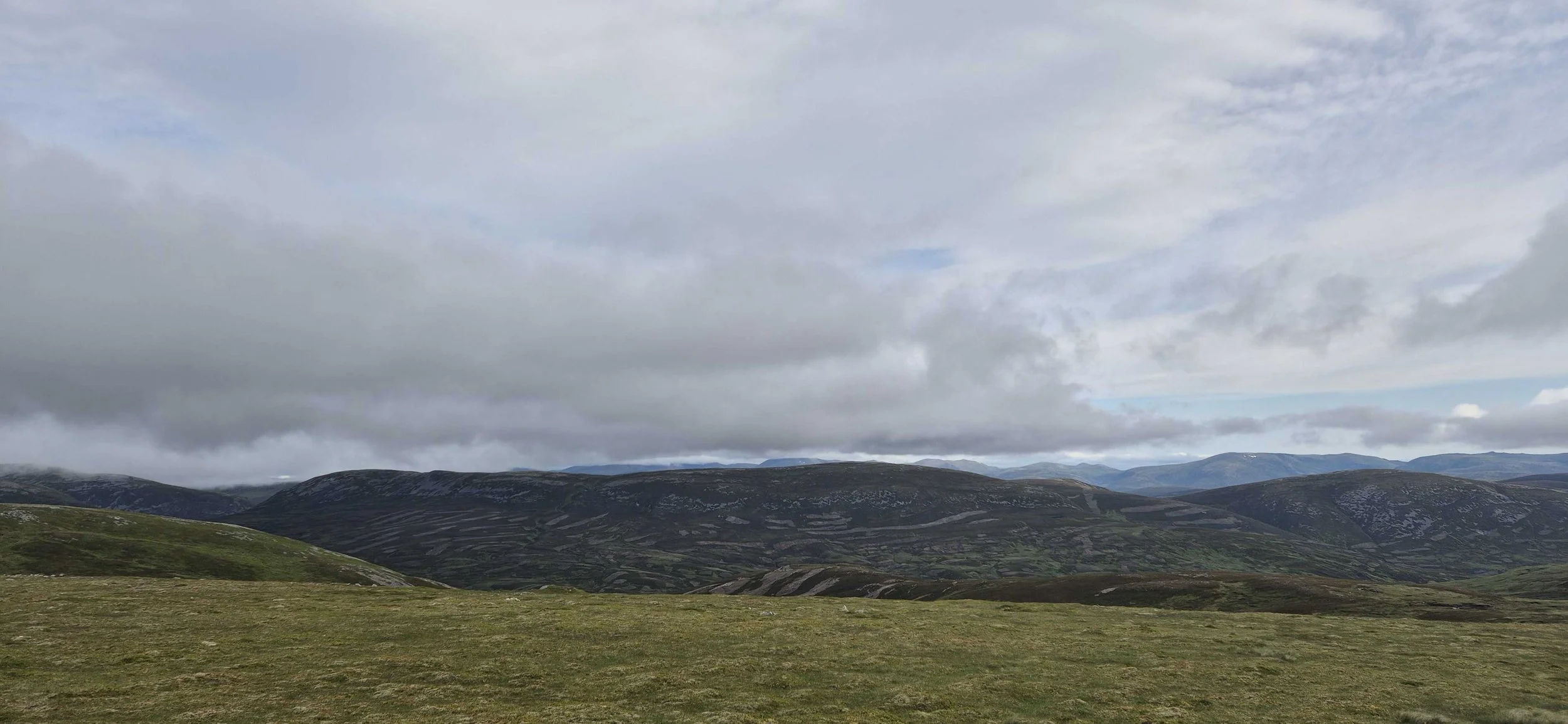 A landscape of rolling hills with green grass and patches of lichen, under a cloudy sky.