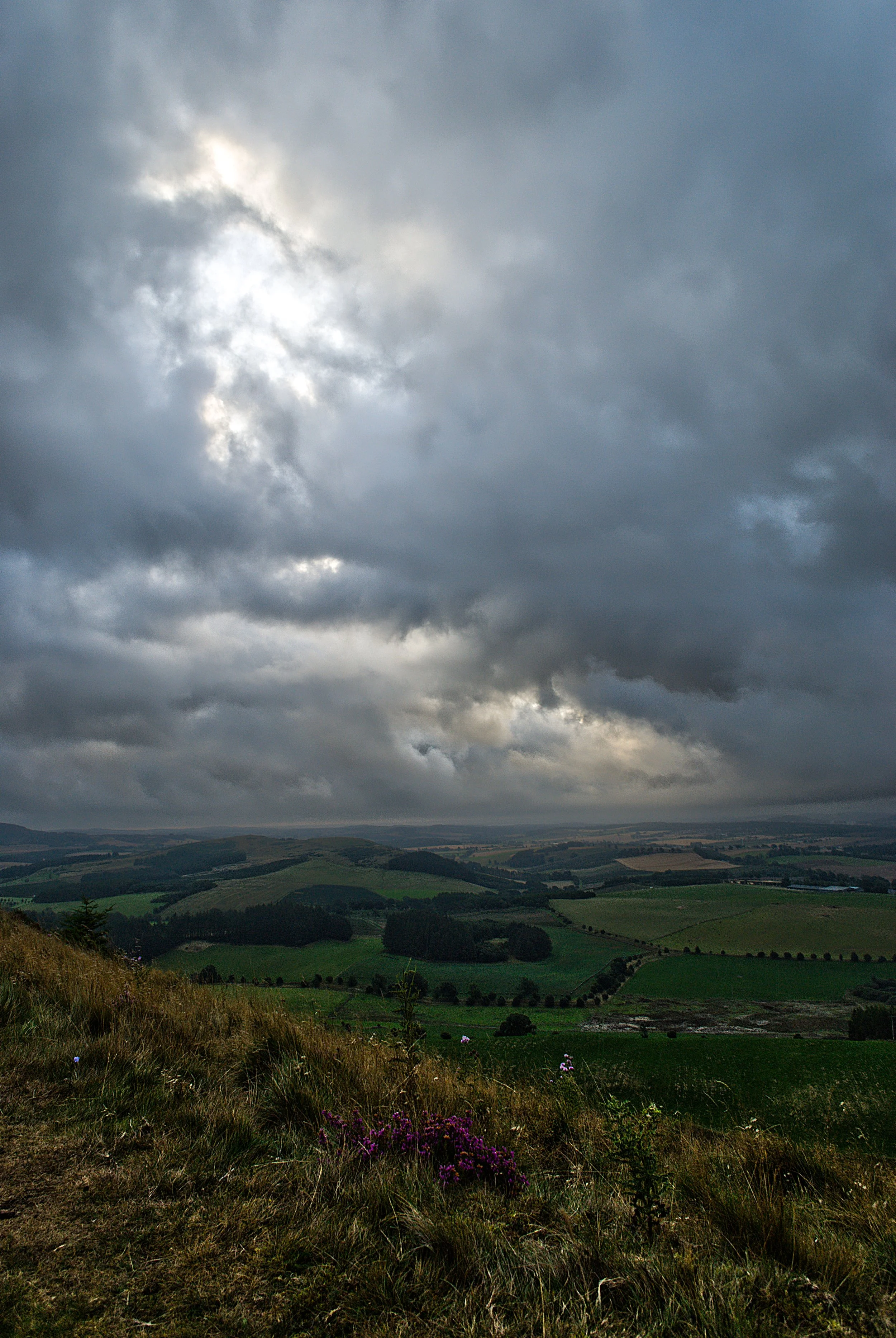 Overcast sky over a hilly, rural landscape with green fields and scattered trees.