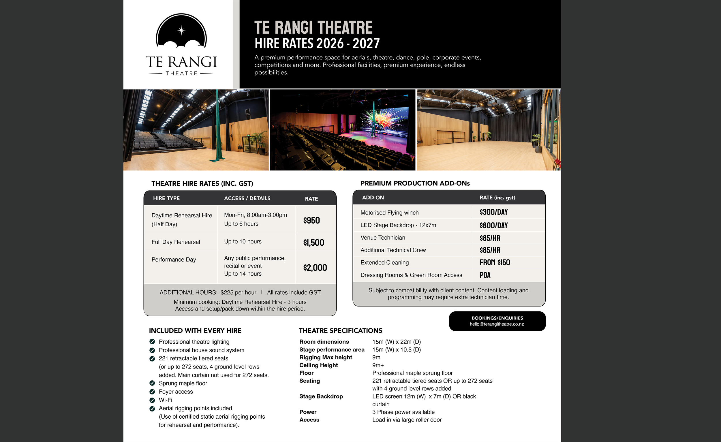 A promotional flyer for Te Rangi Theatre displaying rental rates for 2026-2027, photos of the theatre interior, and details about theatre specifications and amenities.