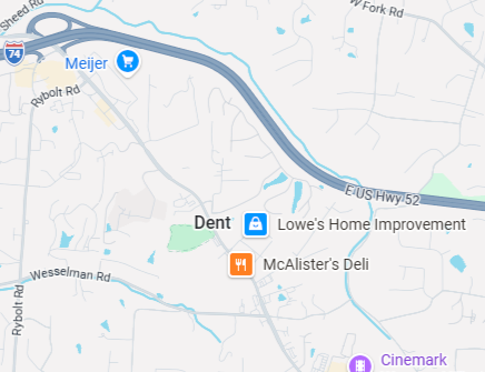 Map showing Dent, a Lowe's Home Improvement store, McAlister's Deli, and nearby roads including EUS Hwy 52 in an area with surrounding streets and landmarks.
