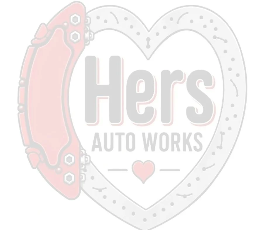 A heart-shaped logo with a pink brake caliper on the left side, the text "Hers AUTO WORKS" in the center, and a small heart at the bottom inside the main heart.