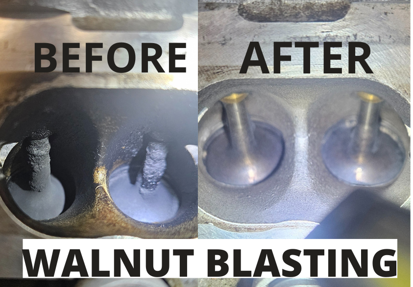 Comparison photo showing a cylinder head before and after walnut blasting, with the titled text 'BEFORE' on dirty valves and carbon buildup, and 'AFTER' on clean valves, demonstrating cleaning process.