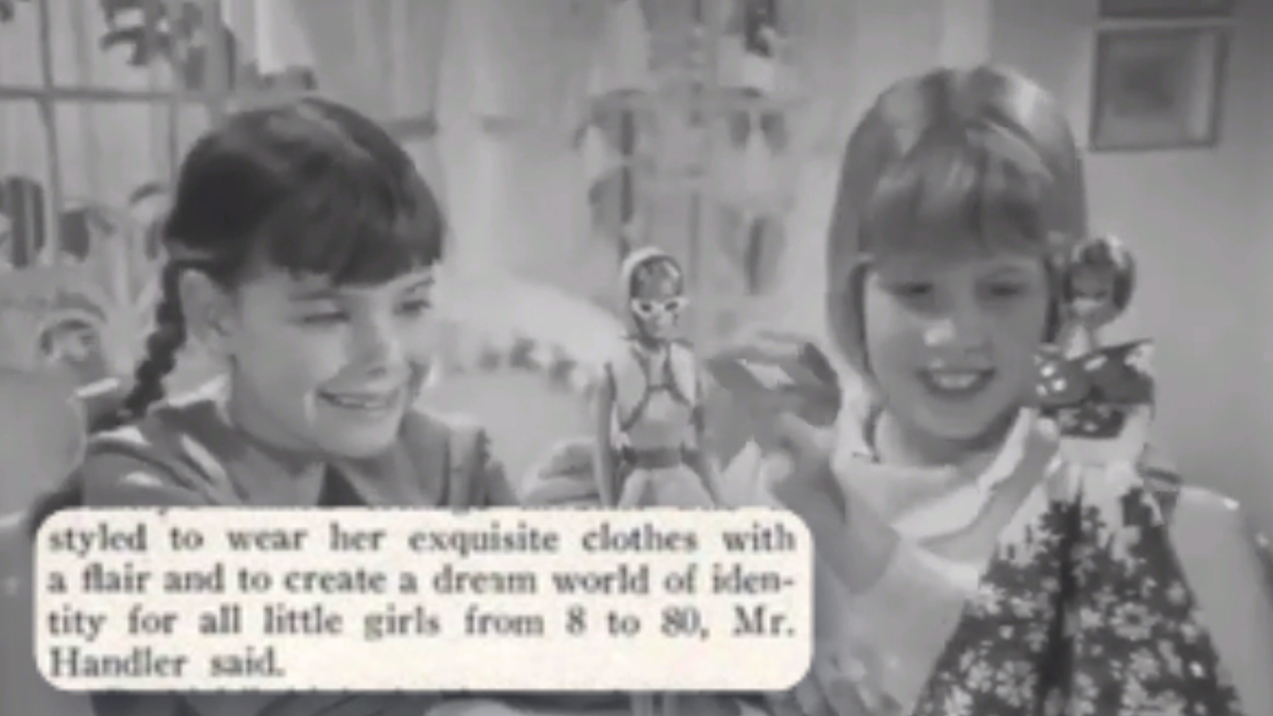 Black and white photo of two women smiling, wearing glasses and blonde hairstyles, with a small girl in the background, standing outside in front of a tree. Text overlay mentioning fashion for little girls from ages 8 to 10.