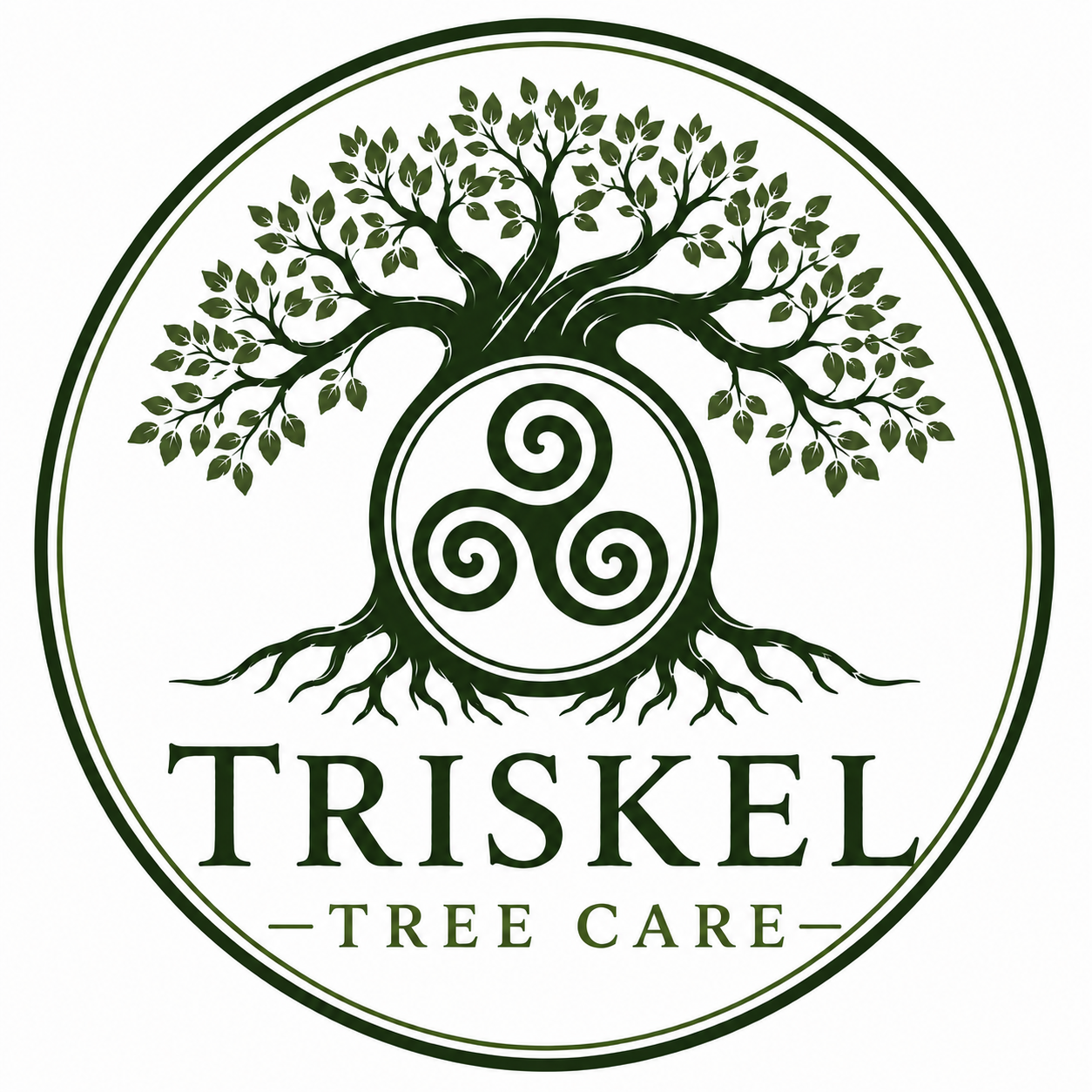 A circular logo with a stylized tree with numerous leaves and roots. The tree's trunk encircles a triskelion symbol. Below, the text reads 'TRISKELE TREE CARE'.