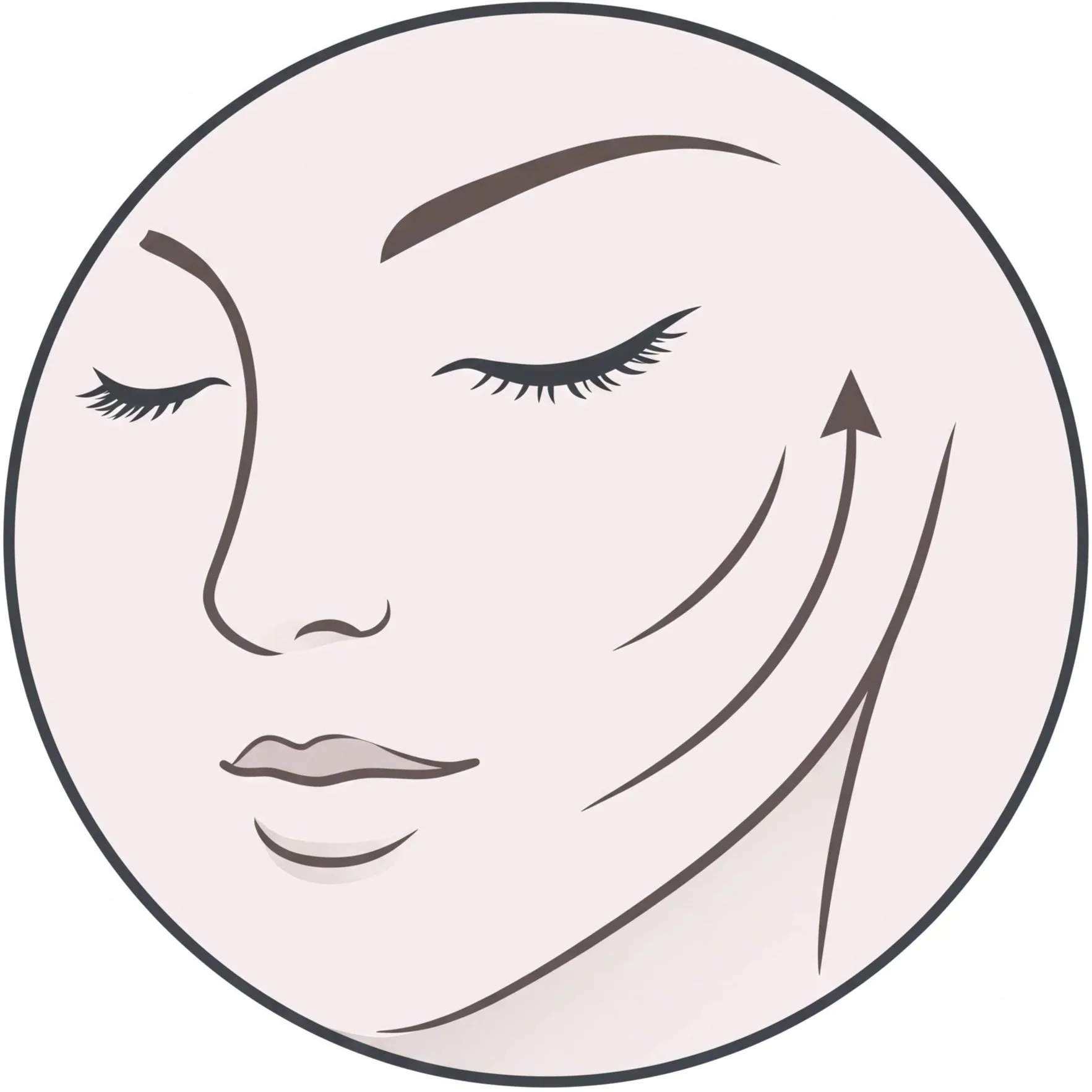 Line drawing of a woman's face with closed eyes, long eyelashes, arched eyebrows, and a neutral expression. The drawing is enclosed in a circular border.