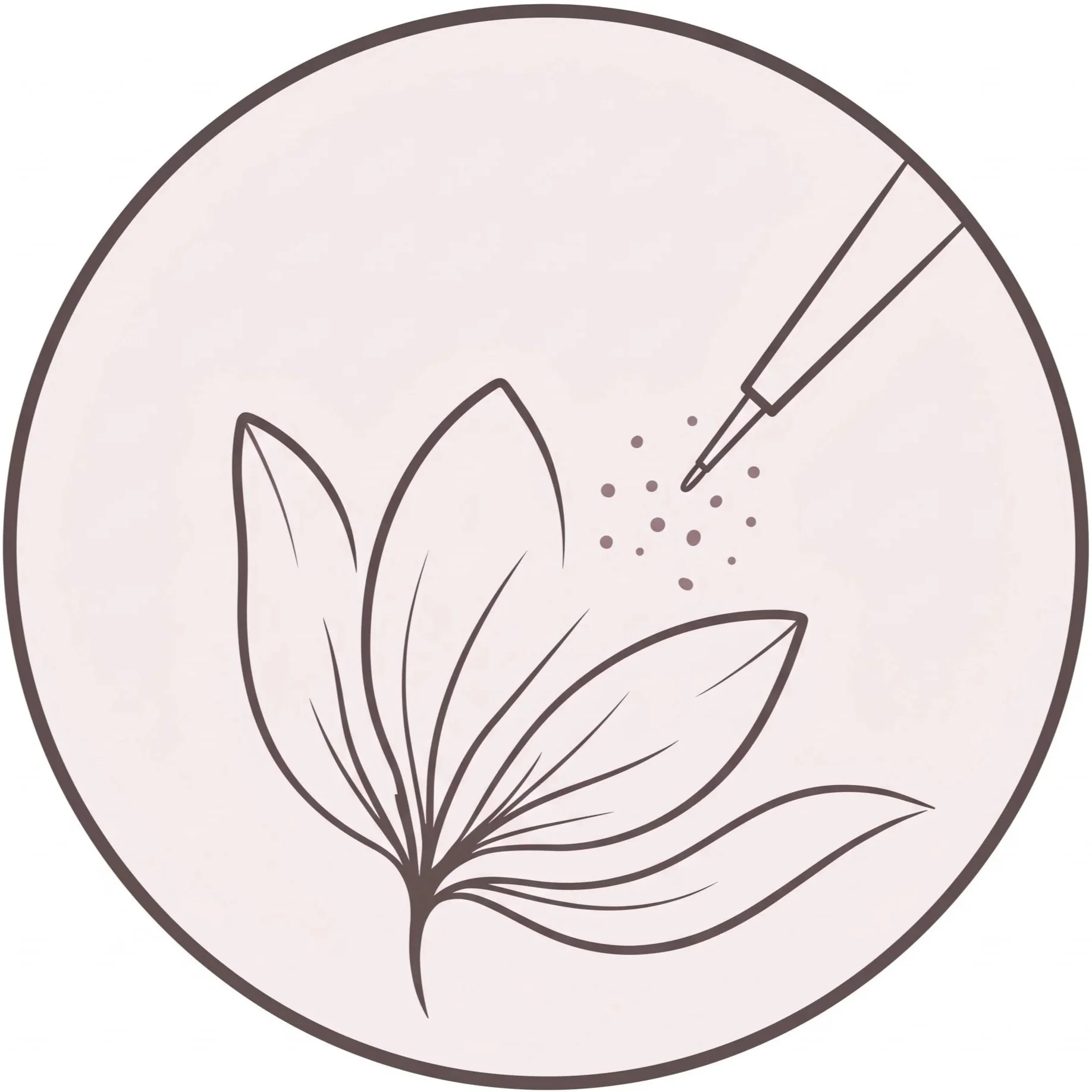 A minimalistic, black and white line drawing of a potted plant with broad leaves inside a circle.