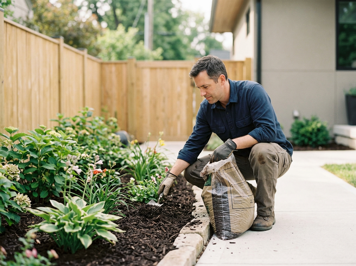 A man planting flowers or shrubs in a garden bed next to a sidewalk, with a wooden fence in the background and a house on the right.