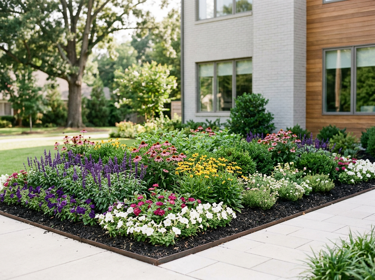 Colorful garden bed with various flowers in front of a modern house with brick and wooden siding, large windows, and a sidewalk.