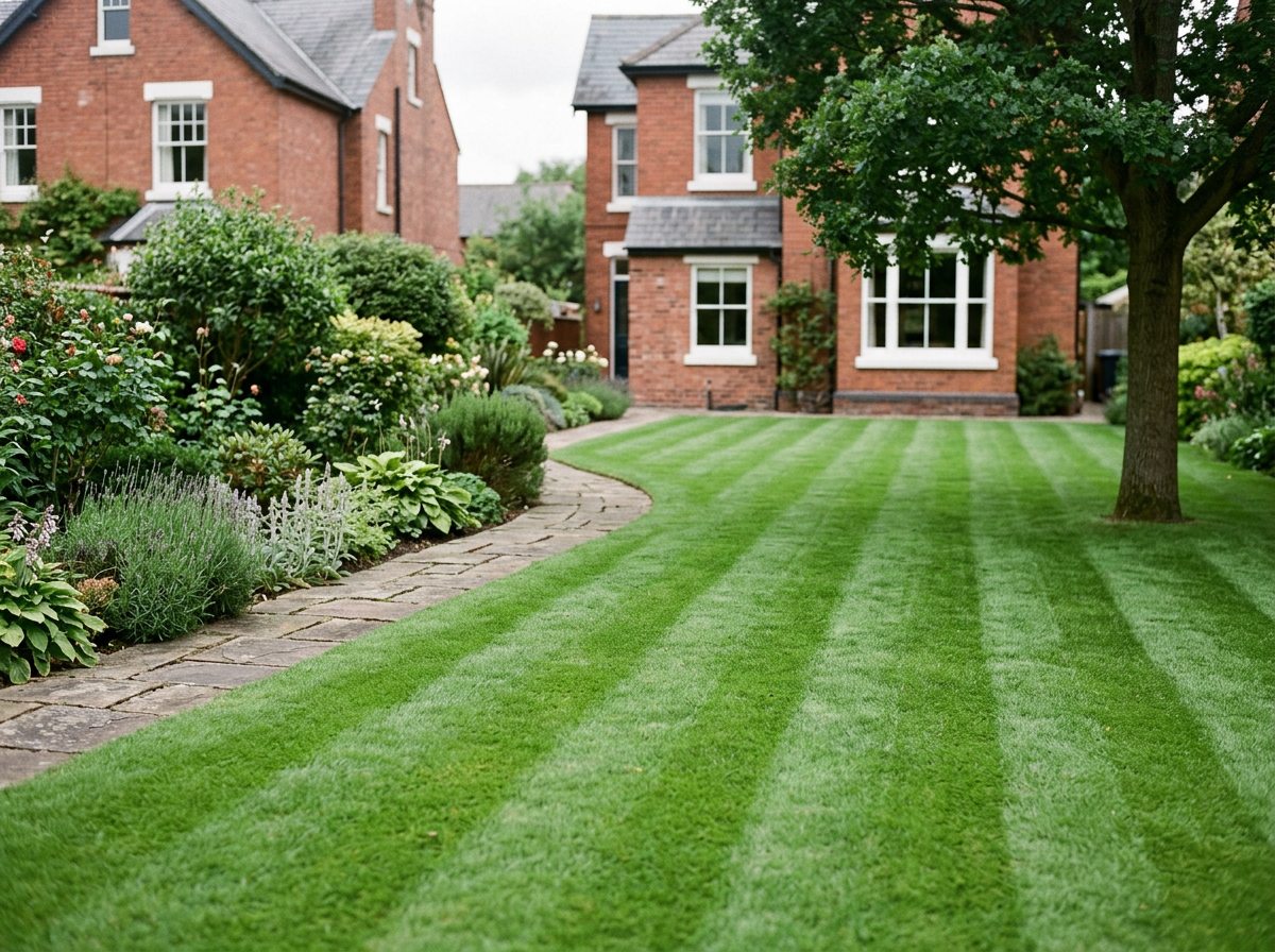 Well-maintained green lawn with striped mowing pattern, bordered by a stone pathway and lush garden with various flowering plants, shrubs, and a large tree in front of a brick house.