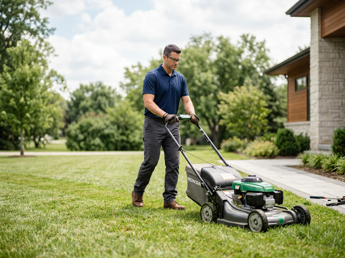 A man wearing glasses and gloves is mowing the lawn with a green and black Honda riding lawn mower in front of a house with a brown and gray exterior. The scene is outdoors on a sunny day with trees in the background.