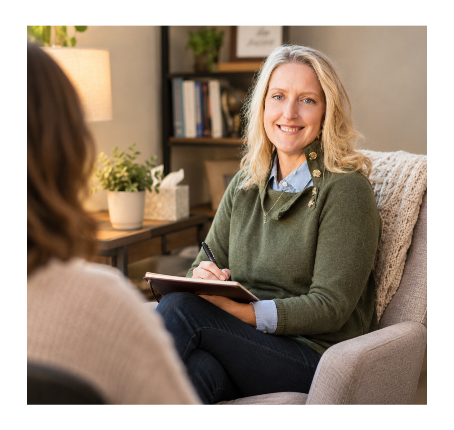 A woman with blonde curly hair smiling while sitting on a beige armchair, holding a notepad and pen during a therapy or counseling session in a cozy room with a bookshelf, plants, a tissue box, and framed pictures in the background.