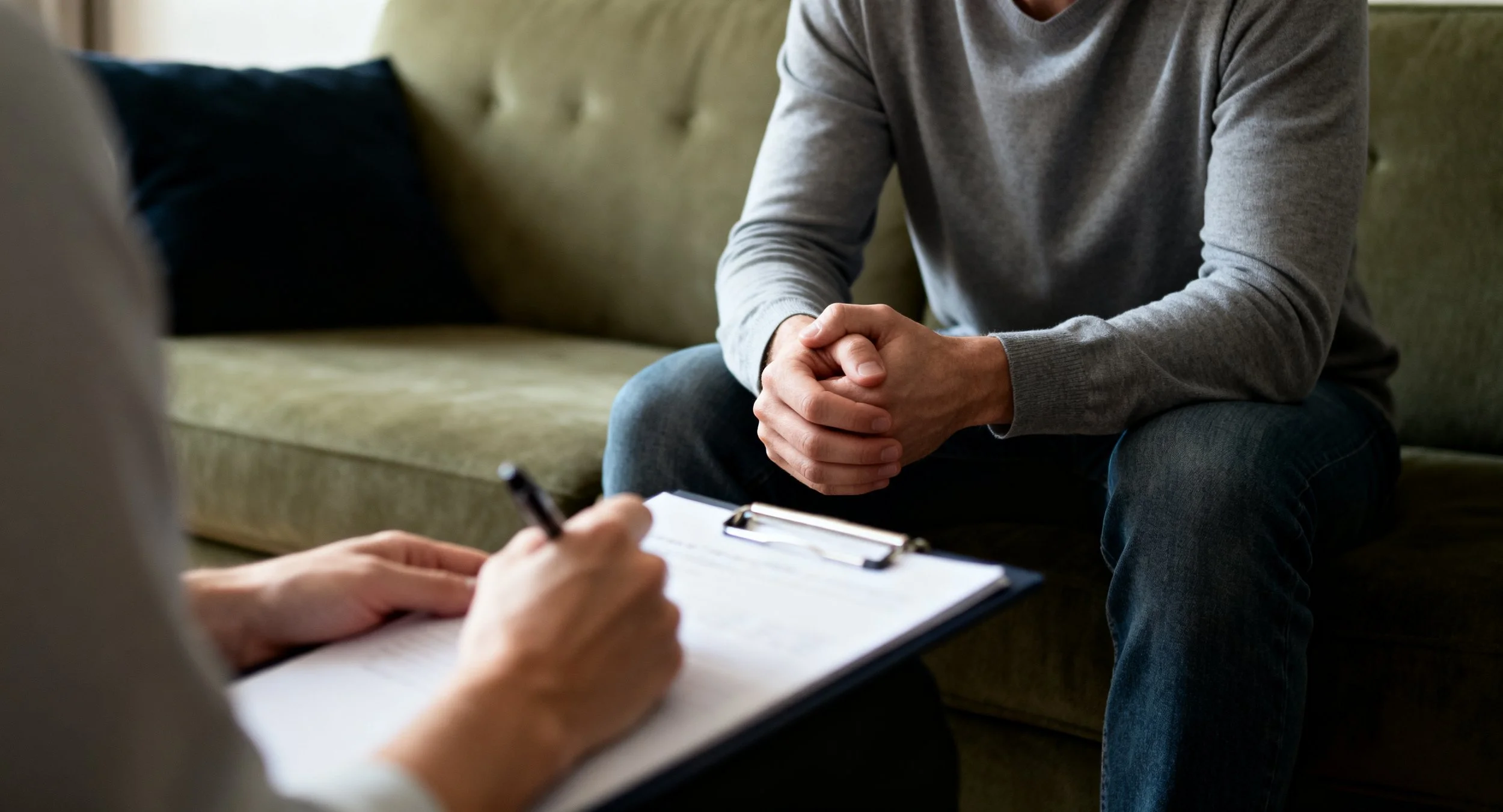 Person wearing a gray long-sleeve shirt sitting on a green couch, hands clasped, during a consultation or therapy session.