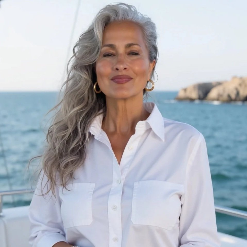A woman with gray, wavy hair and hoop earrings standing on a boat with an ocean and rocky cliffs in the background, wearing a white button-up shirt.