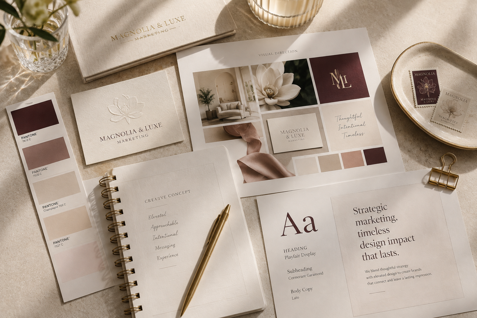 Design and branding materials for Magnolia & Luxe Marketing, including color palettes, mood board pages, a notebook with creative concepts, and a decorative tray with postage stamps, all arranged on a beige surface.