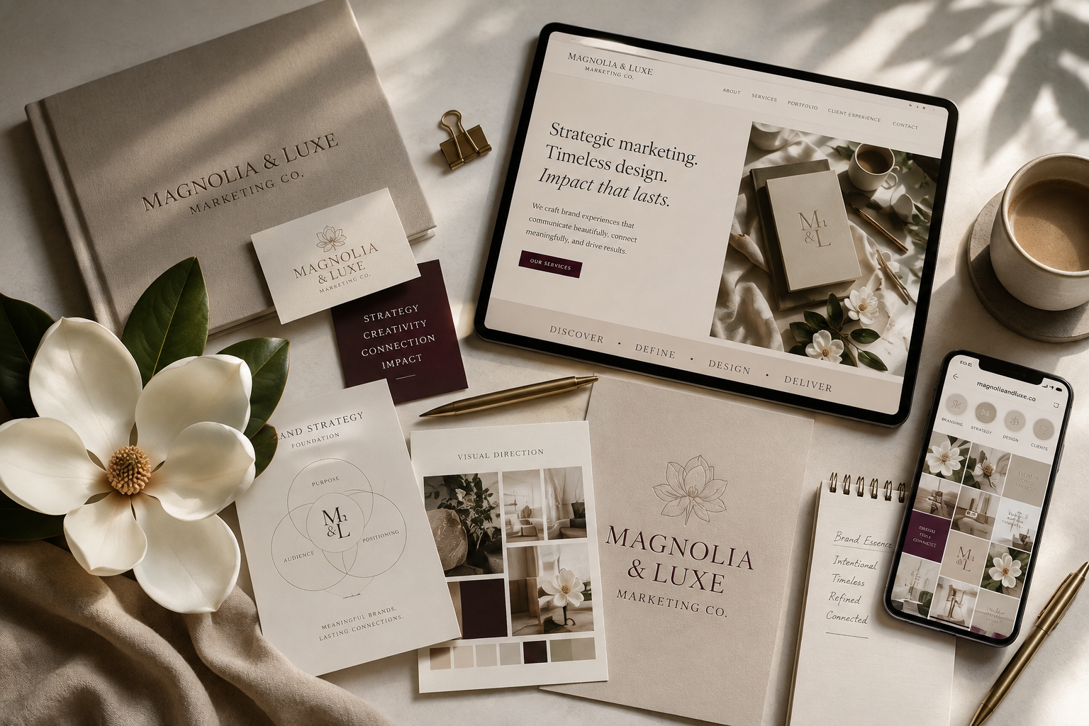 Interior of a workspace with branding materials for Magnolia & Luxe Marketing Co., including a tablet, smartphone, notebook, business cards, brochure, flower, coffee cup, and gold pens, all arranged neatly on a beige surface.