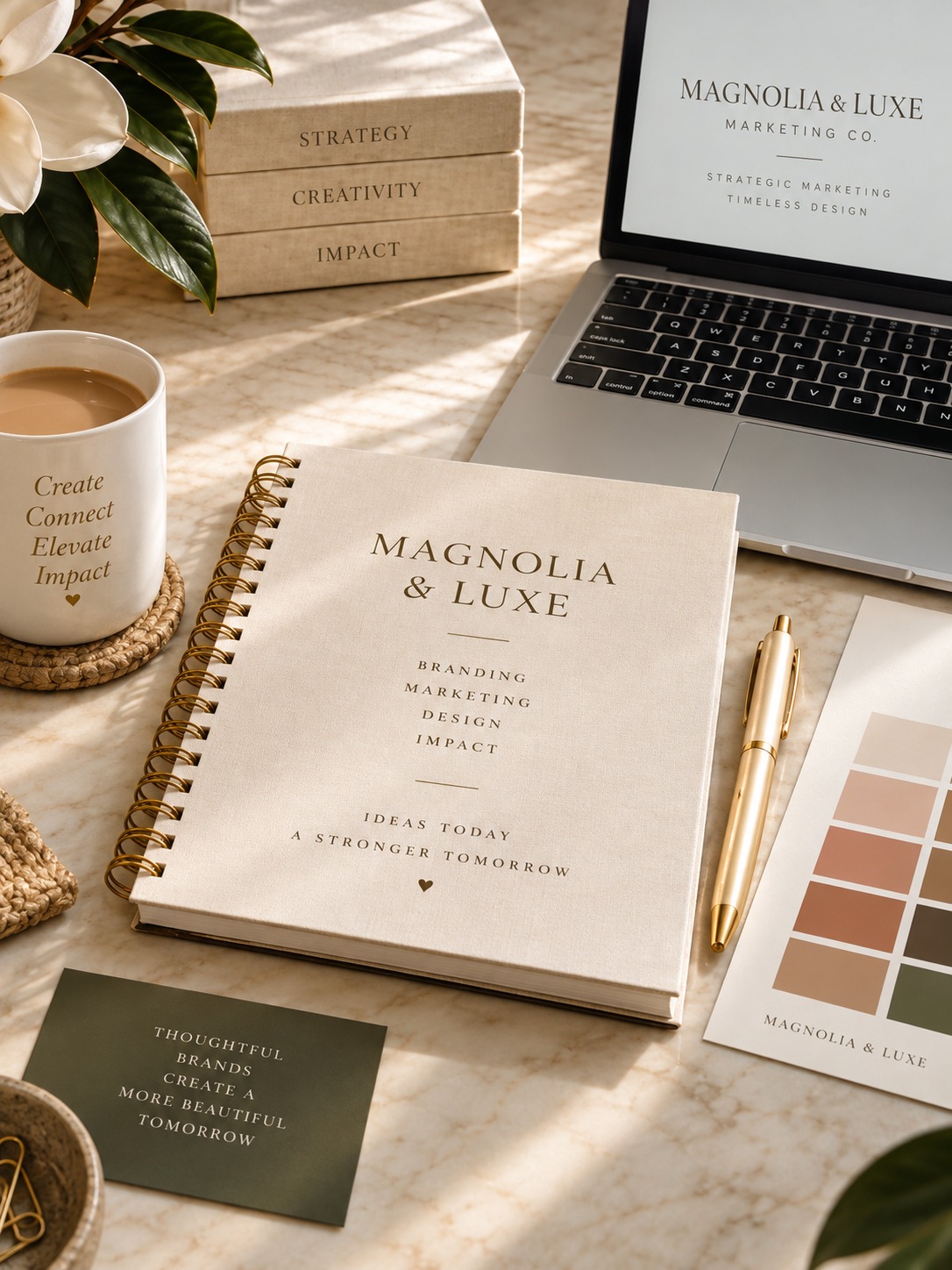 A workspace with a laptop displaying 'Magnolia & Luxe', a notebook titled 'Magnolia & Luxe' with topics like branding and marketing, a coffee mug with inspirational words, a pen, color swatches, a plant, and decorative boxes with words such as strategy, creativity, and impact.