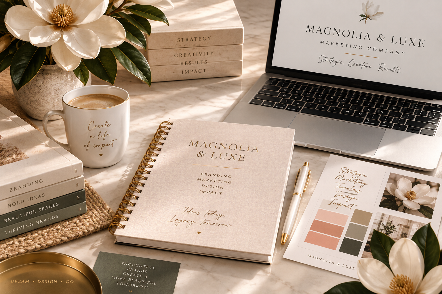 A workspace with a marble desk featuring a Magnolia & Luxe branding planner, a notebook, a white mug with the phrase 'Create a life of impact,' a laptop with the same branding, books, printed materials, a pen, a gold tray, and a vase of white flowers and green leaves.