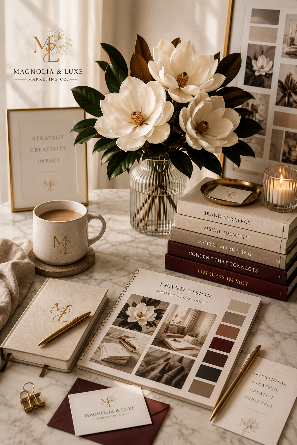 A marble table with a bouquet of white magnolia flowers in a glass vase, a white mug with gold logo, a framed sign, stacks of books on branding and marketing, a notebook, a business card, a gold pen, a small gold binder clip, and a lit candle, all part of a branding or marketing workspace.