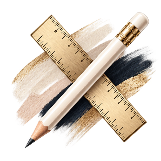 A beige colored pencil, a wooden ruler, and a paint swatch with various beige and black shades on a yellow background.