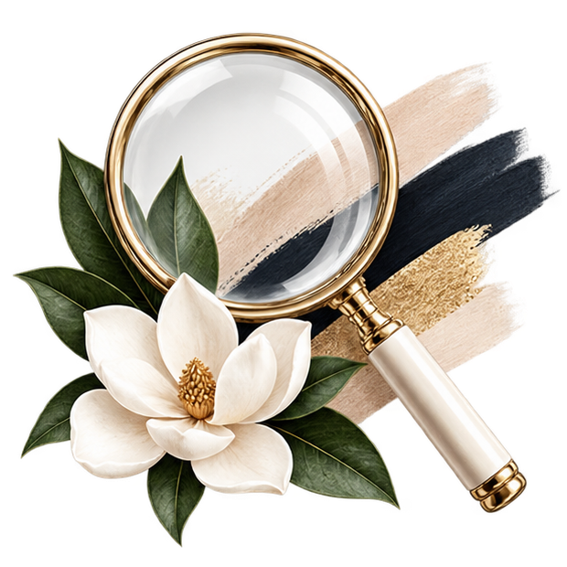 Magnifying glass resting on a white flower and green leaves with beige, black, and gold brush strokes in the background.