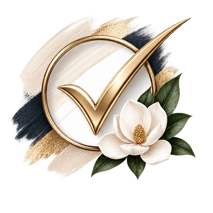 A golden checkmark inside a circular frame with a background of brushed beige, black, and white strokes, adorned with a white magnolia flower and dark green leaves.