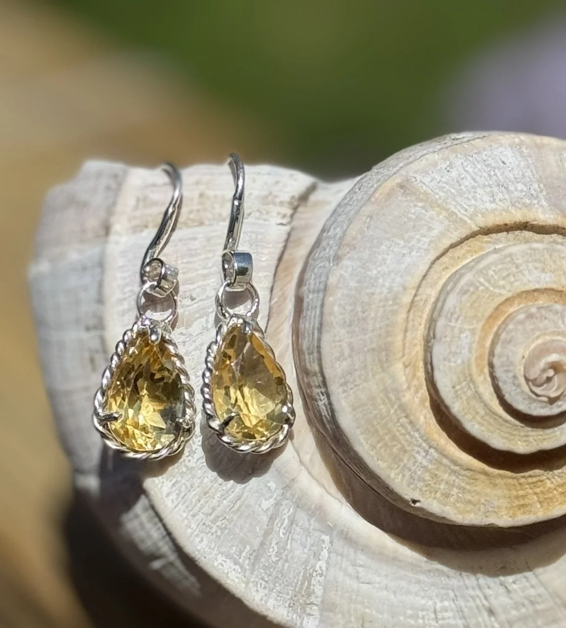 Gold teardrop-shaped earrings hanging on a white seashell.