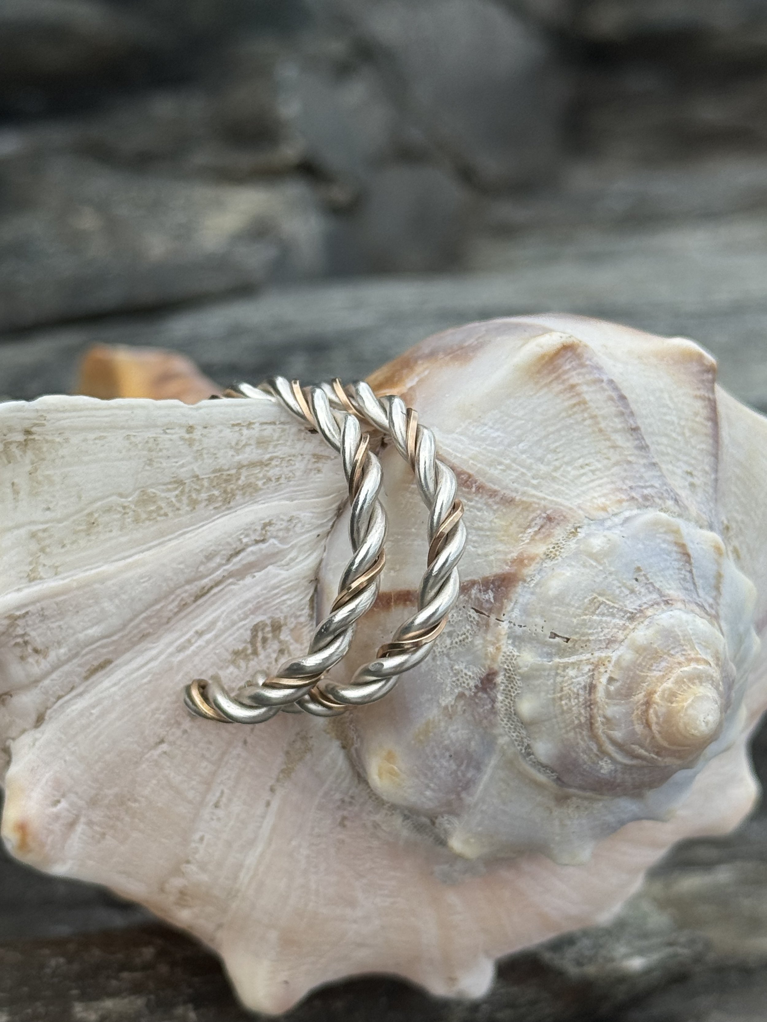 A close-up of a seashell with a silver and gold twisted ring resting on it.