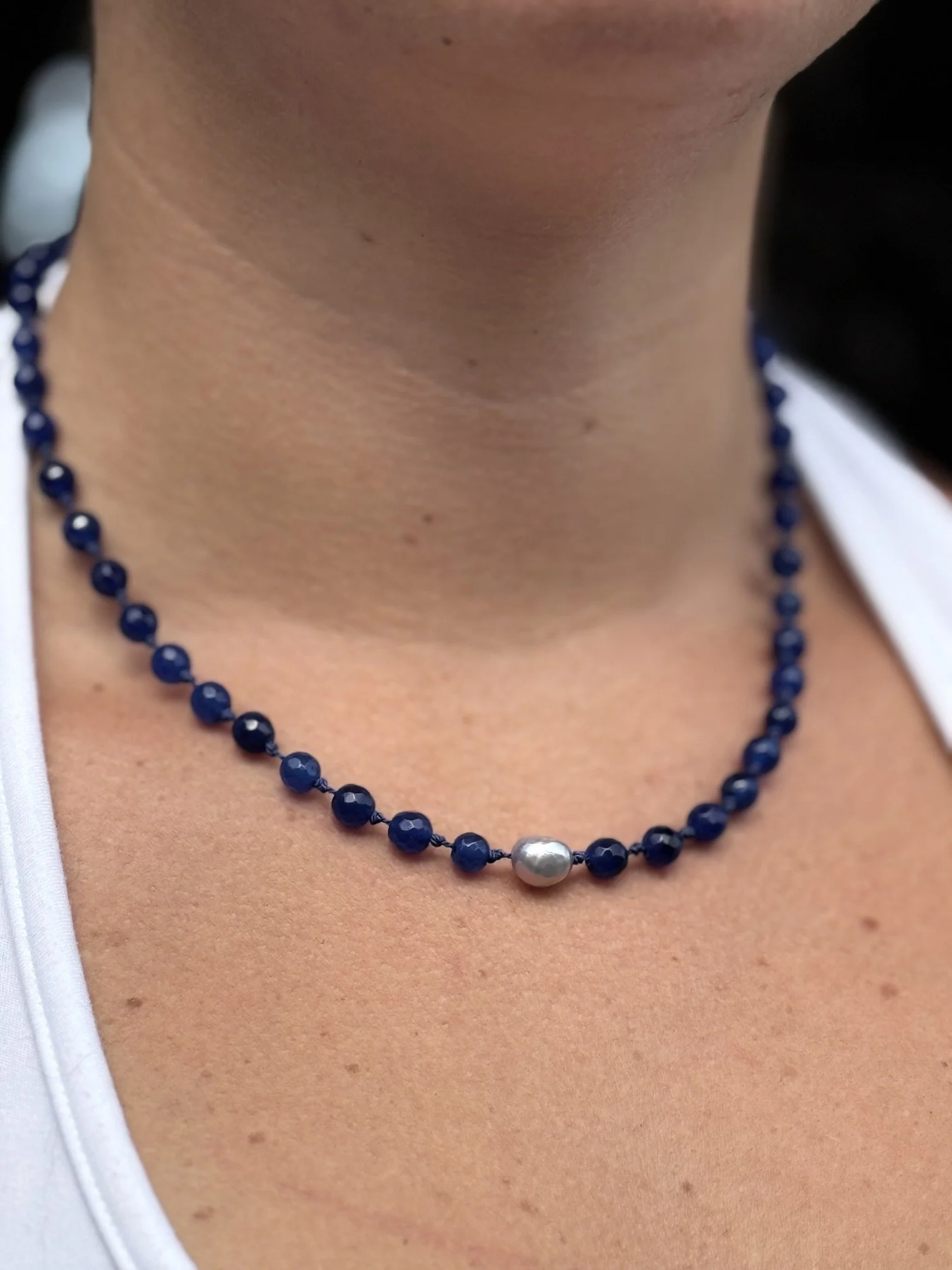 Dark-Blue Sapphire & Silver Pearl Elegance Necklace, Silk Strung