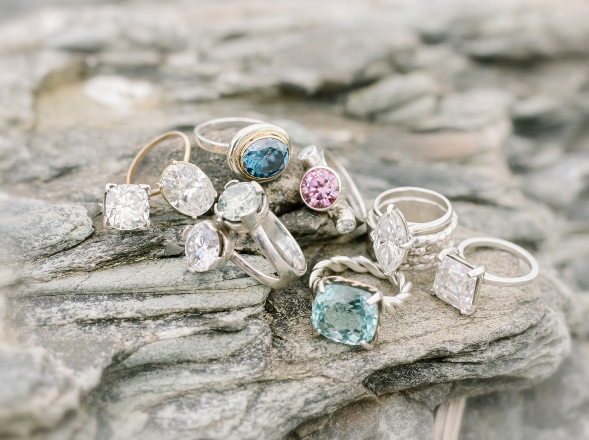 Collection of various rings with large gemstones on a textured gray rock surface.